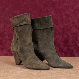 Saint Laurent Niki 85mm Green Suede Logo Heel Ankle Fold Boots 6.5US EUR37